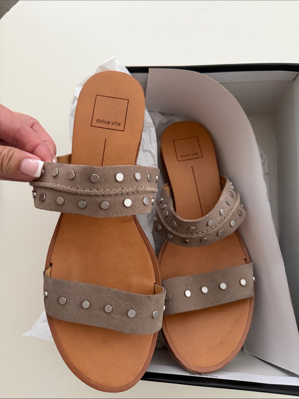 Dolce Vita Taupe/Beige Studded Double-Strap Slide Sandals